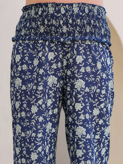 Janasya Dark Cotton Floral Gathered Top & Bottom Set