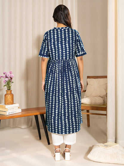Janasya Dark Cotton Geometric A-Line Kurta