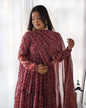 Lorenvalley Fashion Women Pure Soft Georgette Kalamkari Print Fully Flair Anarkali With Pant Dupatta Set - Maroon