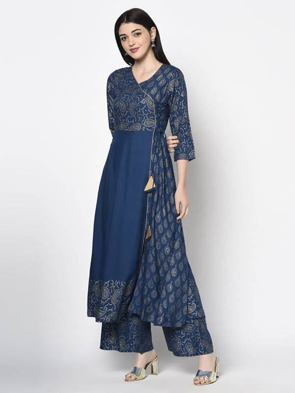Indian Clothing Aniyah Rayon Blue Color Foil Print Angrakha Anarkali Kurta (AN-208K)