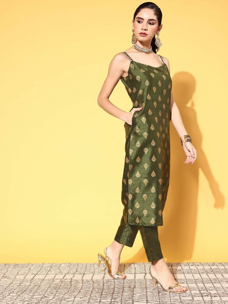 Ahalyaa Women's Olive Colour Poly Silk Gold Printed Kurta Pant Set