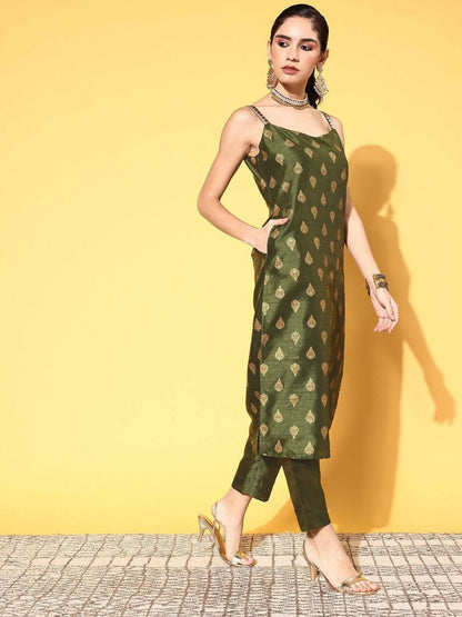 Ahalyaa Women's Olive Colour Poly Silk Gold Printed Kurta Pant Set