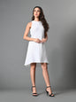 Myshka Women's Round Neck Sleeveless Embellished A-Line Dress in White Color