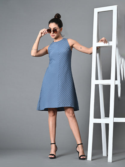 Myshka Women's Round Neck Sleeveless Embellished A-Line Dress in Grey Color