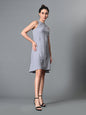 Myshka Women's Round Neck Sleeveless Embellished A-Line Dress in Grey Color