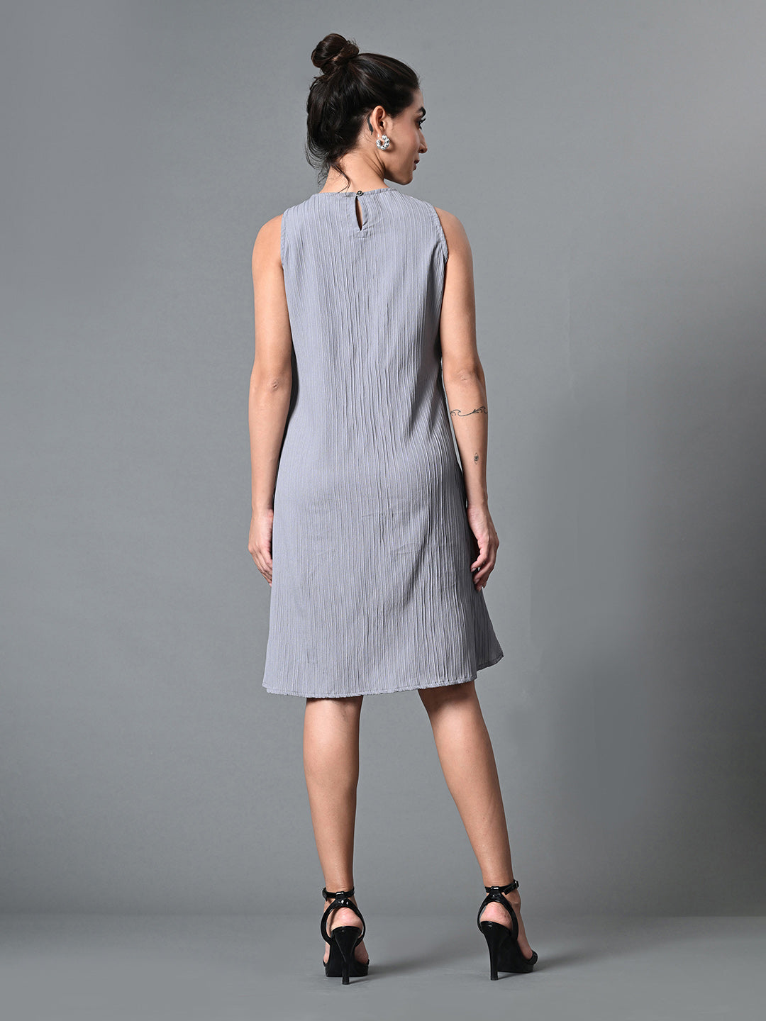 Myshka Women's Round Neck Sleeveless Embellished A-Line Dress in Grey Color
