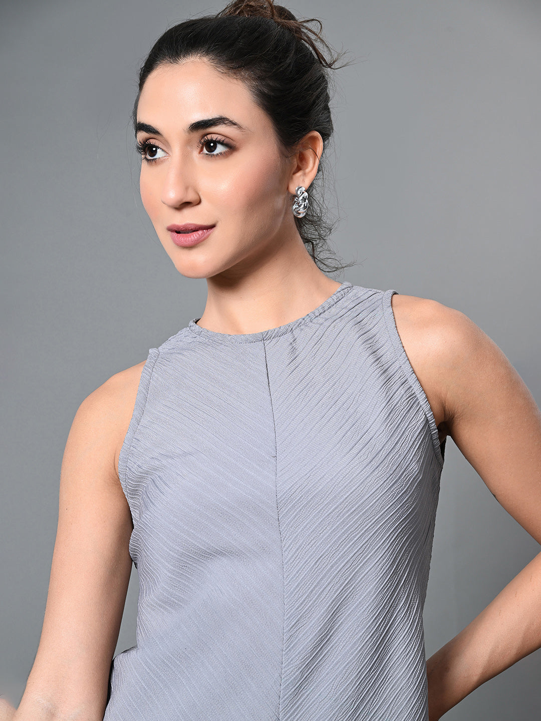 Myshka Women's Round Neck Sleeveless Embellished A-Line Dress in Grey Color