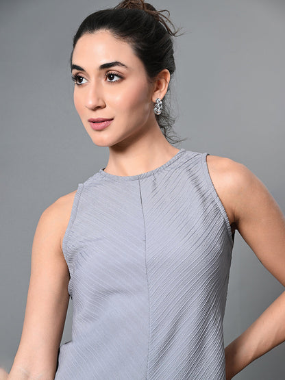 Myshka Women's Round Neck Sleeveless Embellished A-Line Dress in Grey Color