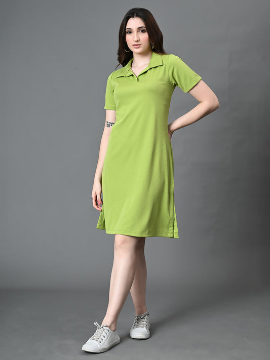 Myshka Women's Collared Neck Short Sleeves Ribbed A-Line Dress in Green Color