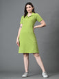 Myshka Women's Collared Neck Short Sleeves Ribbed A-Line Dress in Green Color