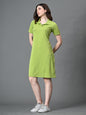 Myshka Women's Collared Neck Short Sleeves Ribbed A-Line Dress in Green Color