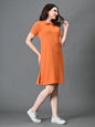 Myshka Women's Collared Neck Short Sleeves Ribbed A-Line Dress in Orange Color
