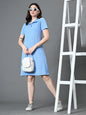 Myshka Women's Collared Neck Short Sleeves Ribbed A-Line Dress in Blue Color