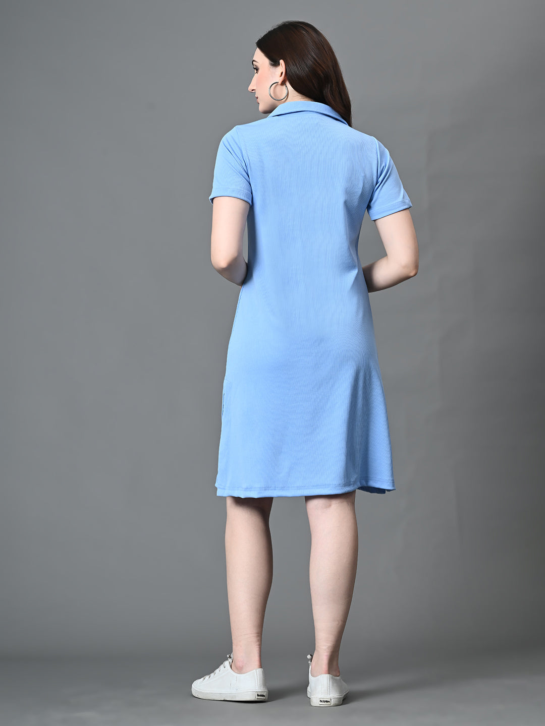 Myshka Women's Collared Neck Short Sleeves Ribbed A-Line Dress in Blue Color