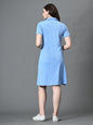 Myshka Women's Collared Neck Short Sleeves Ribbed A-Line Dress in Blue Color