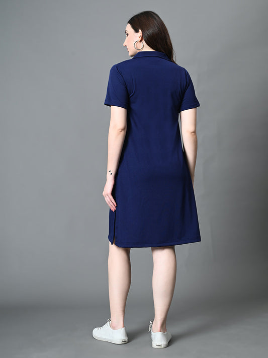Myshka Women's Collared Neck Short Sleeves Ribbed A-Line Dress in Navy Blue Color