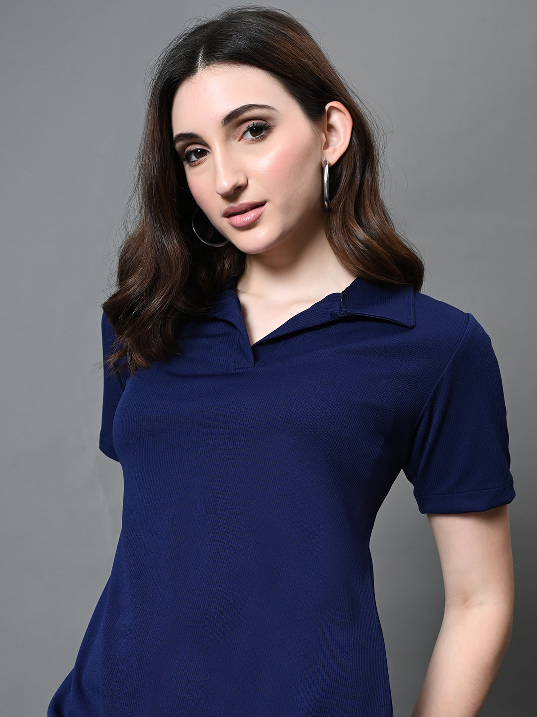 Myshka Women's Collared Neck Short Sleeves Ribbed A-Line Dress in Navy Blue Color