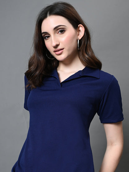 Myshka Women's Collared Neck Short Sleeves Ribbed A-Line Dress in Navy Blue Color