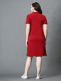Myshka Women's Collared Neck Short Sleeves Ribbed A-Line Dress in Maroon Color