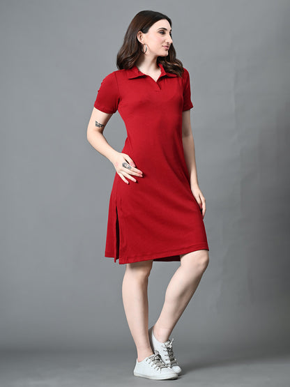 Myshka Women's Collared Neck Short Sleeves Ribbed A-Line Dress in Maroon Color