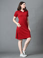 Myshka Women's Collared Neck Short Sleeves Ribbed A-Line Dress in Maroon Color