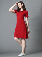 Myshka Women's Collared Neck Short Sleeves Ribbed A-Line Dress in Maroon Color