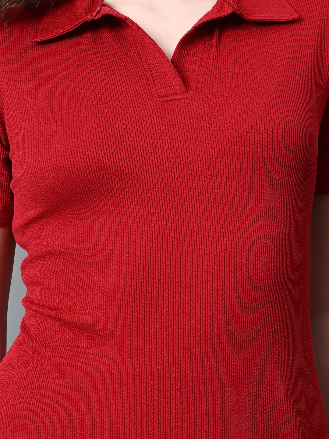Myshka Women's Collared Neck Short Sleeves Ribbed A-Line Dress in Maroon Color