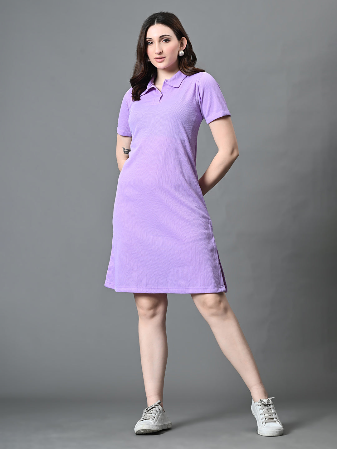 Myshka Women's Collared Neck Short Sleeves Ribbed A-Line Dress in Lavender Color