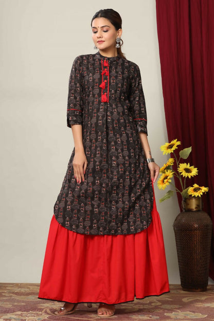 Miravan Women's Black Printed Pure Cotton Kurta With Skirt