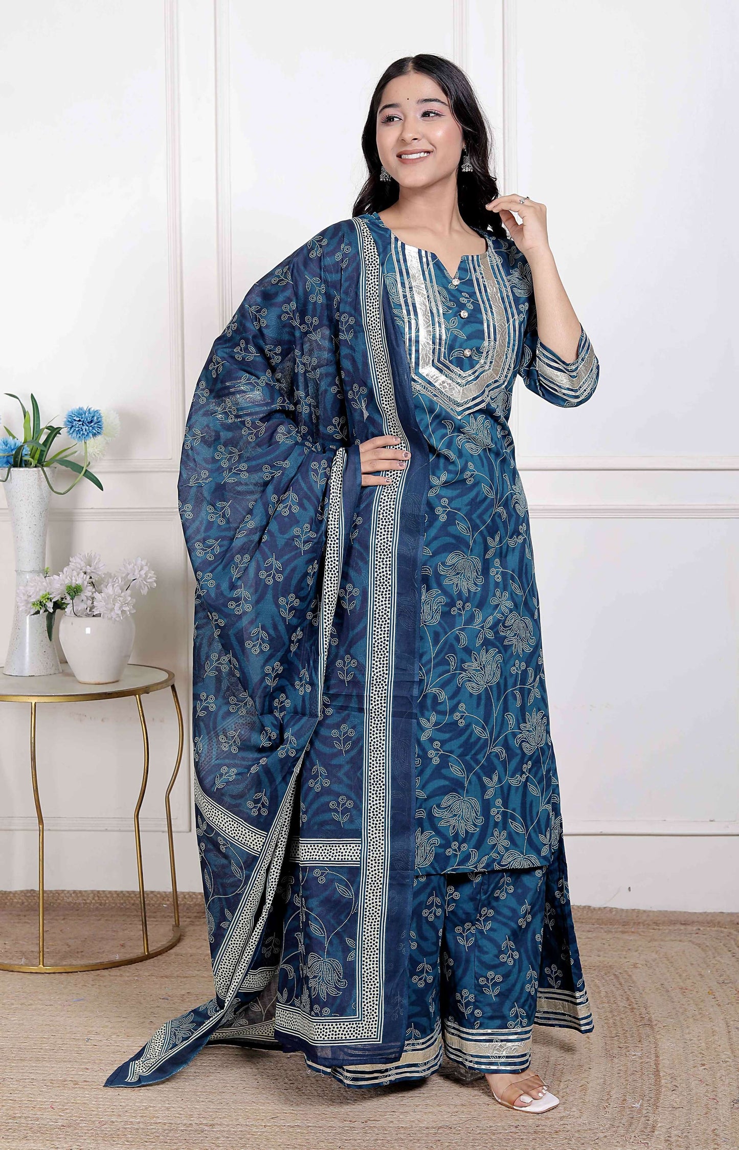 Miravan Women's Gota Patti Cotton Kurta Paired with Palazzo and Dupatta