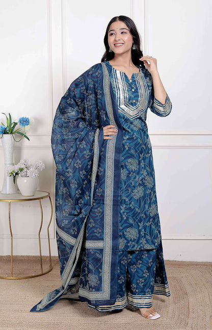 Miravan Women's Gota Patti Cotton Kurta Paired with Palazzo and Dupatta
