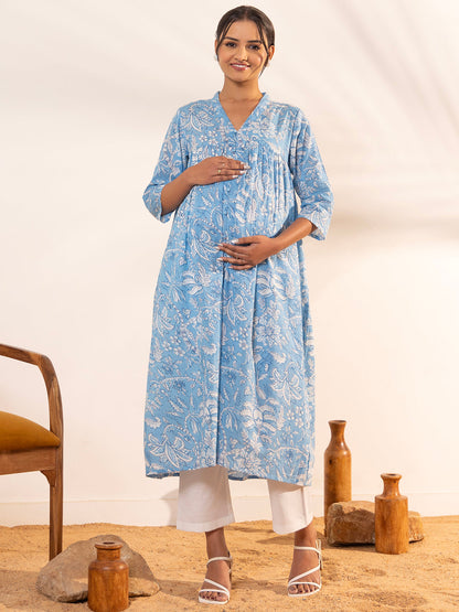 Janasya Sky Blue Cotton Floral Printed Casual Maternity Kurta