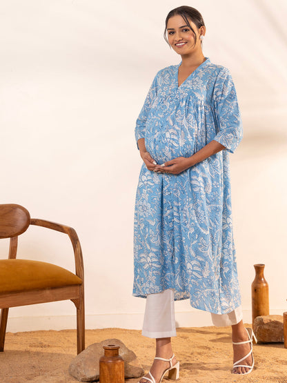 Janasya Sky Blue Cotton Floral Printed Casual Maternity Kurta