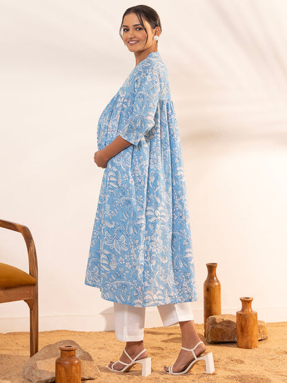 Janasya Sky Blue Cotton Floral Printed Casual Maternity Kurta