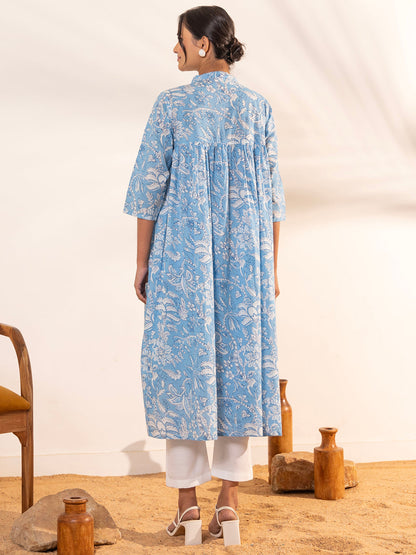 Janasya Sky Blue Cotton Floral Printed Casual Maternity Kurta