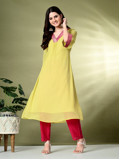 Myshka Women's Georgette Solid A-Line Kurta in Yellow Color