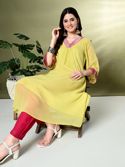 Myshka Women's Georgette Solid A-Line Kurta in Yellow Color