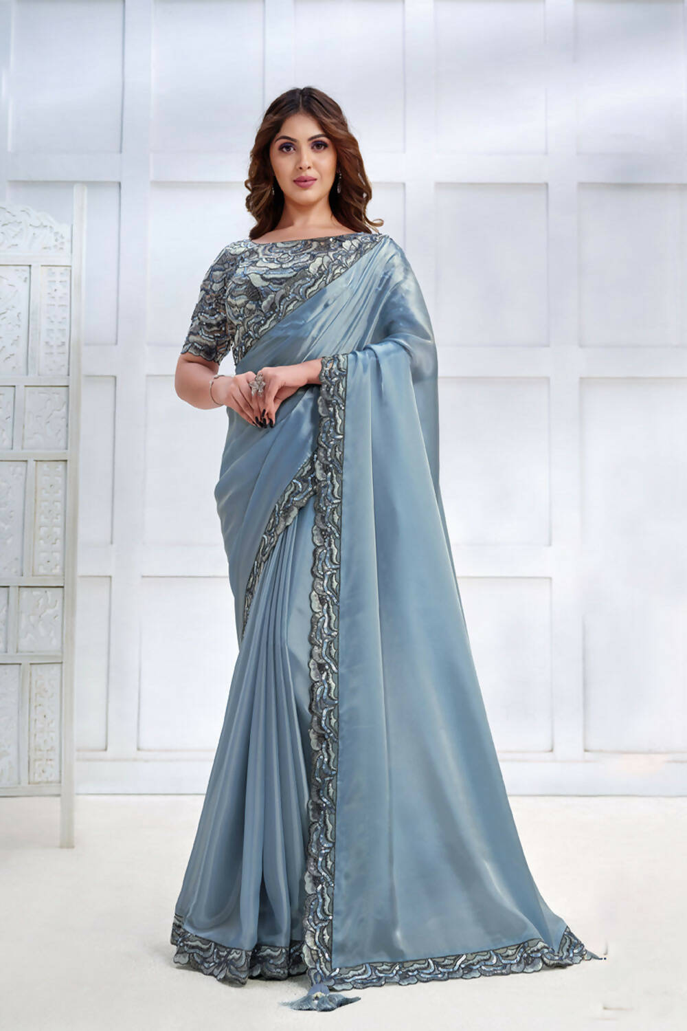 Blue Crepe satin silk Cord & Sequence Embroidered Saree - Mohmanthan Majestica