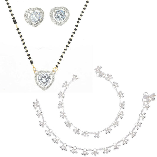 AanyaCentric Gold-Polished Mangalsutra Pendant Earring Set & Silver Plated Anklet