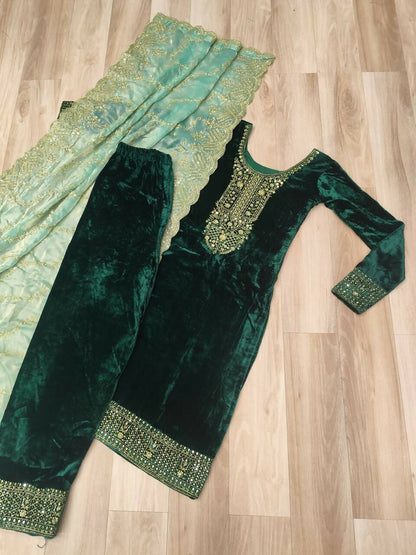 Vastranavya Green Velvet With Rich Sequins & Zari Embroidered Work Top-Bottom With Dupatta