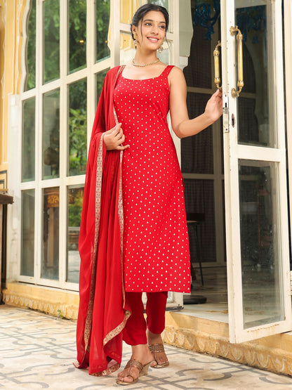 Janasya Maroon Rayon Foil Print Kurta,Bottom & Dupatta