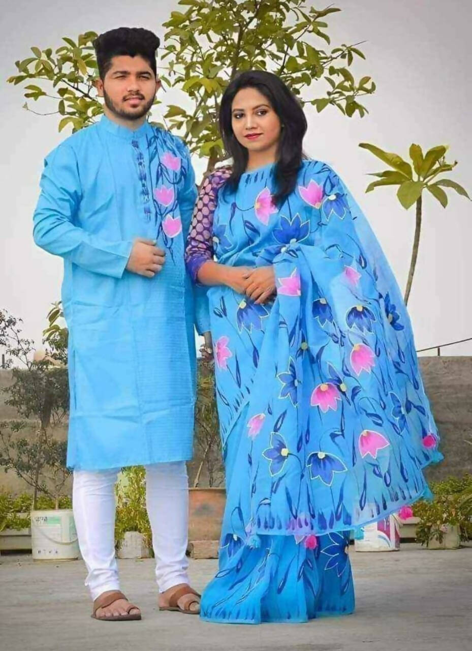 Exclusive Collection Elegant Hand Printing Designe On Pure Cotton Saree And Men's Kurta - Sky Blue