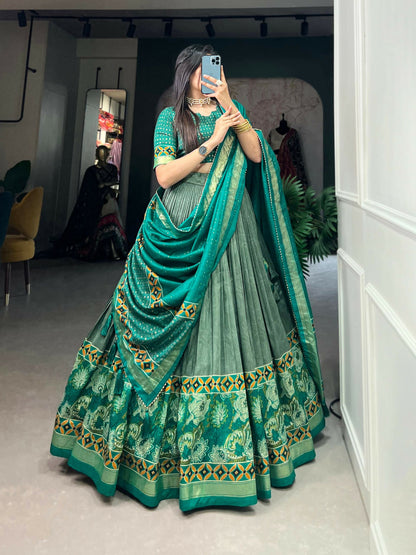 Vastranavya Floral Print With Foil Print Tussar Silk Lehenga with Unstitched Blouse - Sea Green