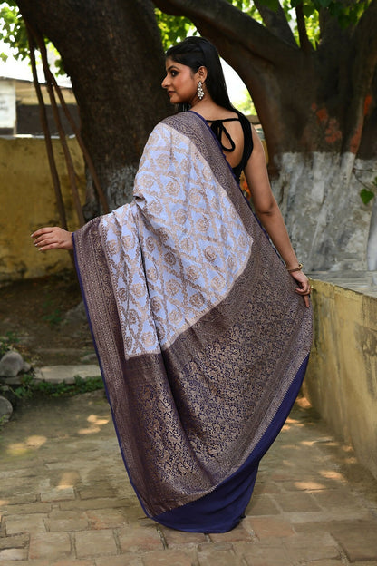 Joban Fashion Pastel Blue Crepe Chiffon Pure Handloom Banarasi Silk Saree
