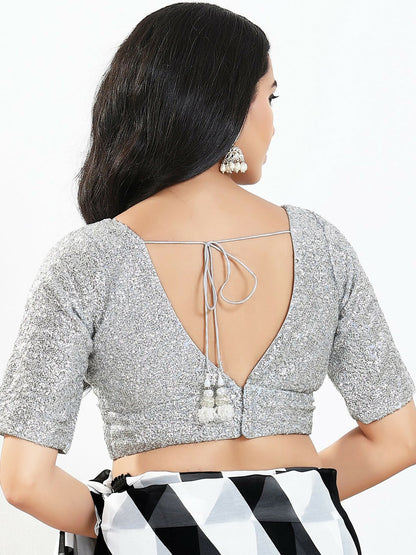 Joban Fashion Silver Silk Padded Blouse With V Neck Elbow Sleeves