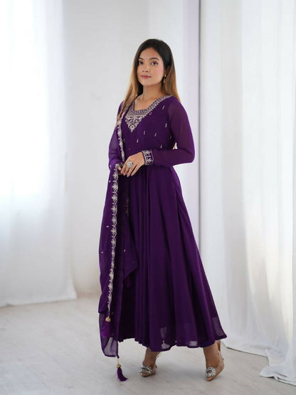 Teeya Creation Purple Color Pure Soft Georgette Embroidery Work Gown