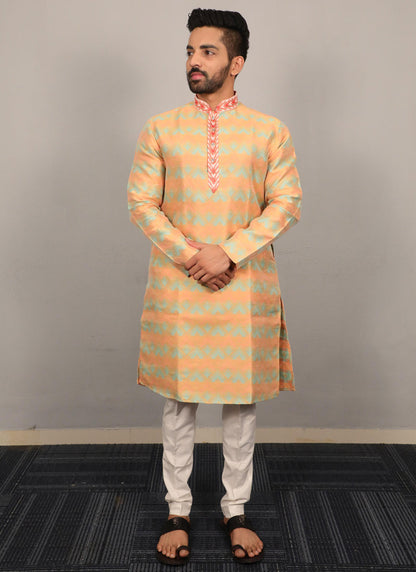 Prazu Fashion Yellow Soft Silk With Heavy Neck Design Kurta