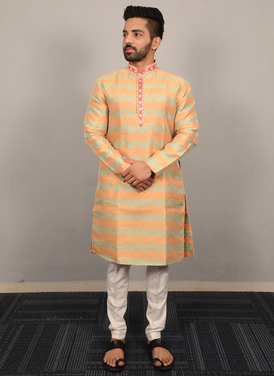 Prazu Fashion Yellow Soft Silk With Heavy Neck Design Kurta