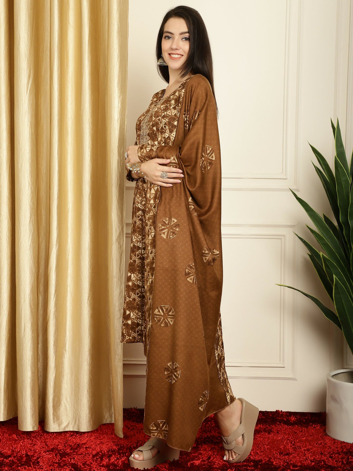 Jyoti Fashion Women's Brown Pashmina Floral Digital Printed Kurta with Trouser & Dupatta