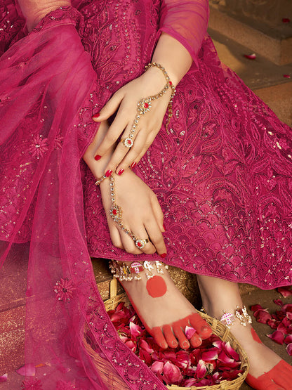 Myra Pink Heavy Embroidered Net Lehenga